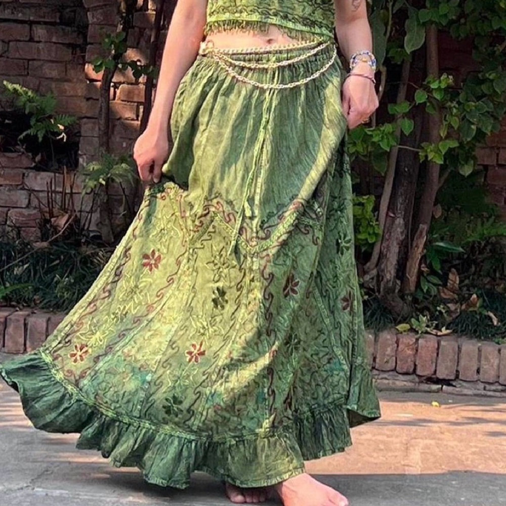 Chic Olive Maxi Skirt with Floral Accents - Picture 12 of 12